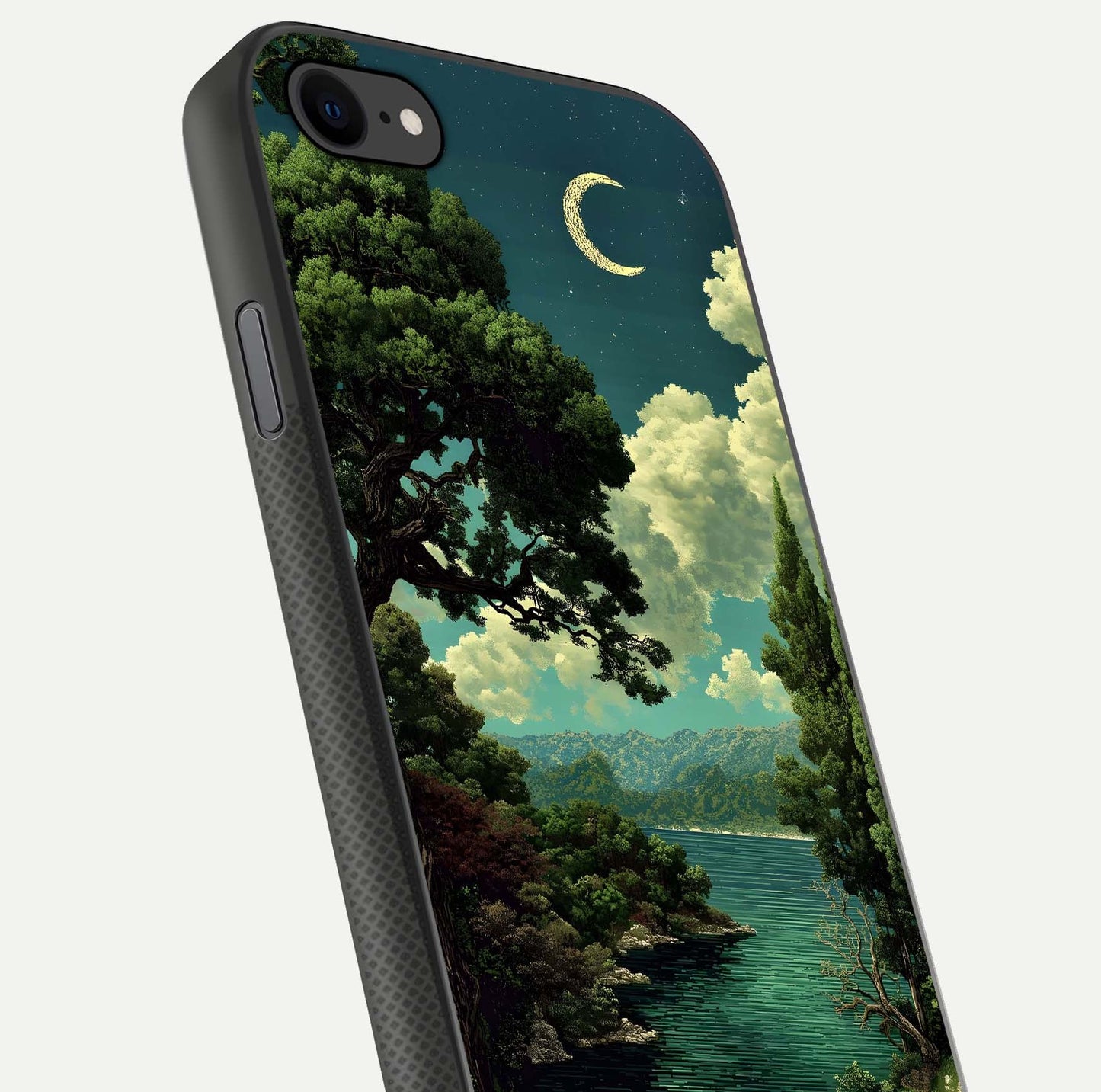 Celestial Lake Peace Glass Case for iPhone 7 close-up highlighting moon reflection and glossy texture