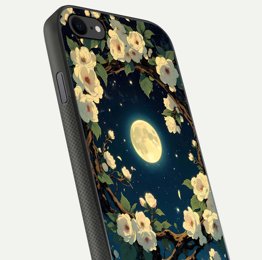 Celestial Moon & Flower Glass Case for iPhone 7 close-up capturing petal reflection and moonlight contrast