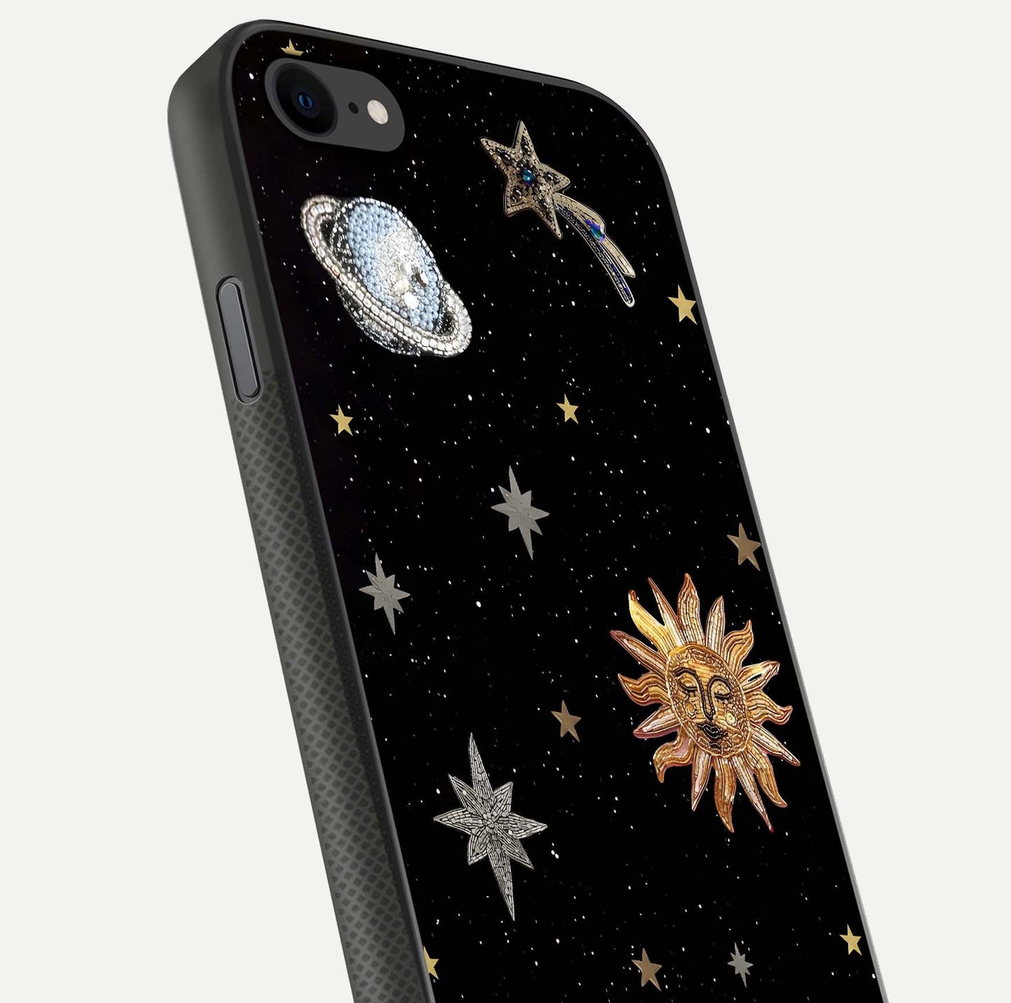 Celestial Moon With Stars Glass Case for iPhone 7 close-up showing cosmic reflection and HD shine