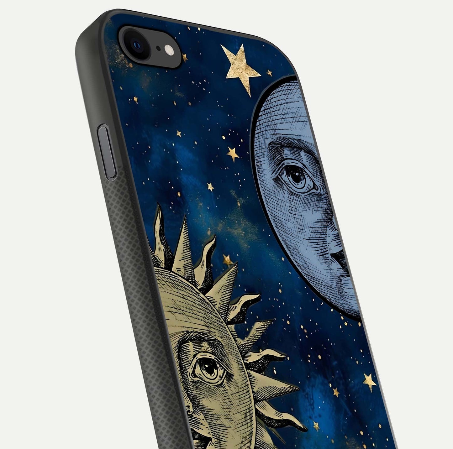 Celestial Moon With Sun Glass Case for iPhone 7 close-up highlighting fine celestial detail and polish reflection