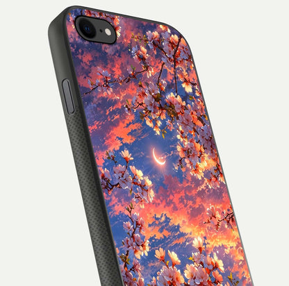 Celestial Sakura Sunset Glass Case for iPhone 7 close-up image highlighting blossom petals and gloss shine