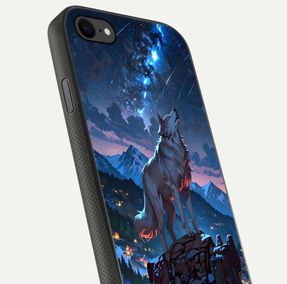 Celestial Wolf Howl Glass Case for iPhone 7 close-up showing wolf silhouette and glowing moon reflection