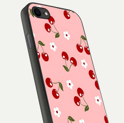 Cherry Love Mood Glass Case for iPhone 7 close-up highlighting cherry heart pattern and reflection shine