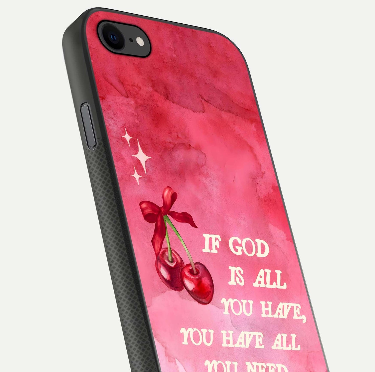 Cherry Quote Glass Case for iPhone 7 close-up showing printed quote detail and HD reflection gloss