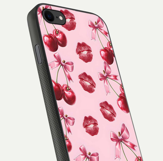 Cherry With Lips Glass Case for iPhone 7 close-up view highlighting lips texture and reflection shine