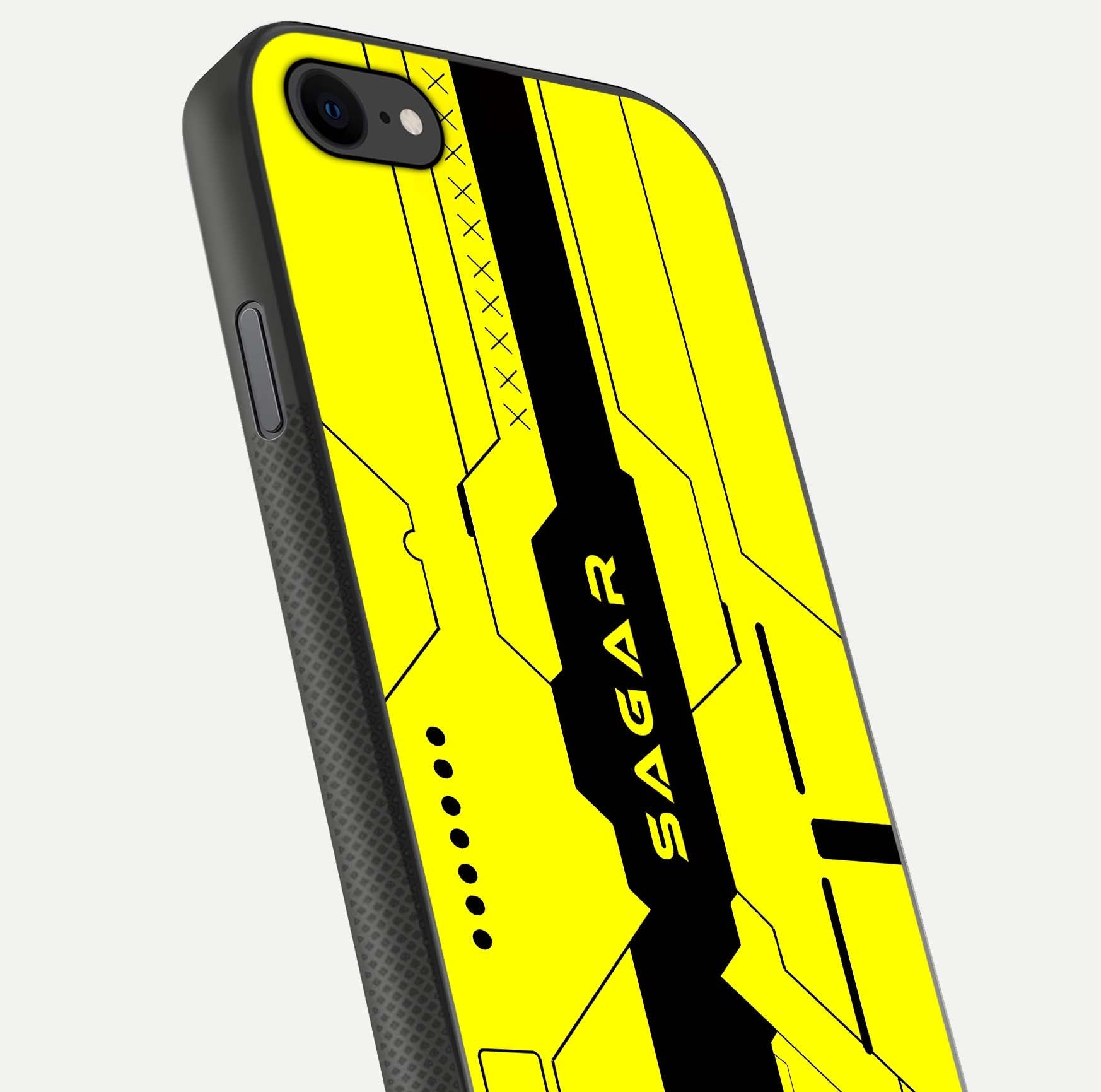 Circuit CYBERPUNK Custom Name Glass Case for iPhone 7 close-up highlighting neon lines, futuristic tones, and gloss reflection