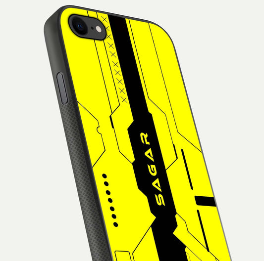 Circuit CYBERPUNK Custom Name Glass Case for iPhone 7 close-up highlighting neon lines, futuristic tones, and gloss reflection