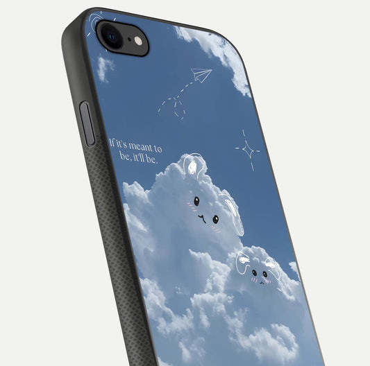 Cloud Bunny Dreams Glass Case for iPhone 7 close-up showing bunny art, dreamy clouds, and HD shine