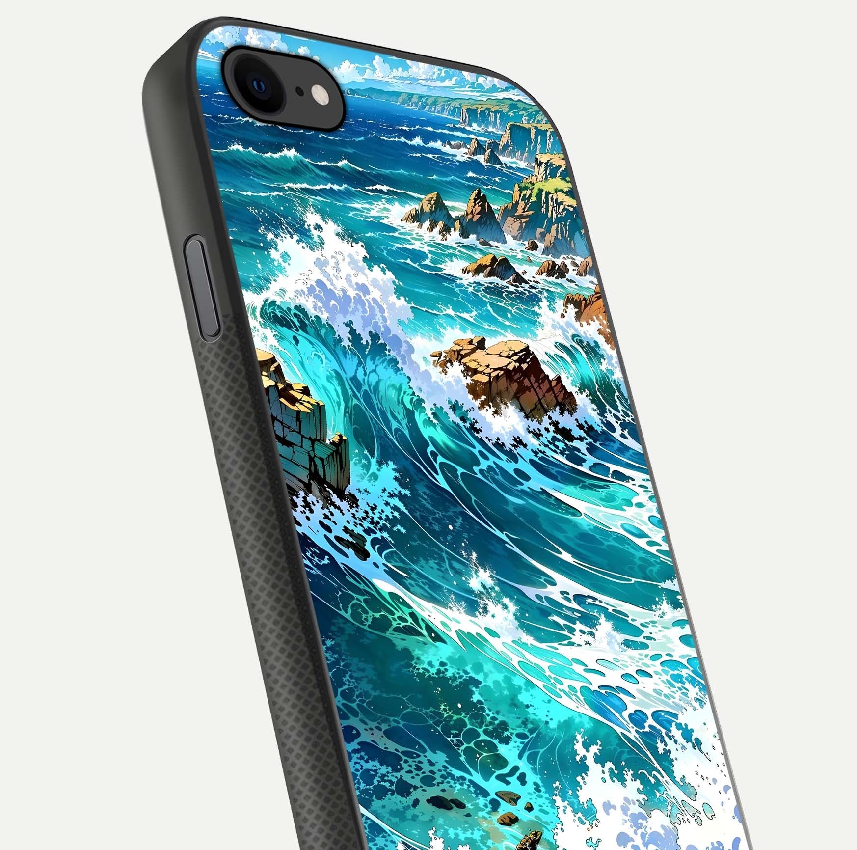 Coastal Blue Waves Glass Case for iPhone 7 close-up highlighting wave texture and blue shine