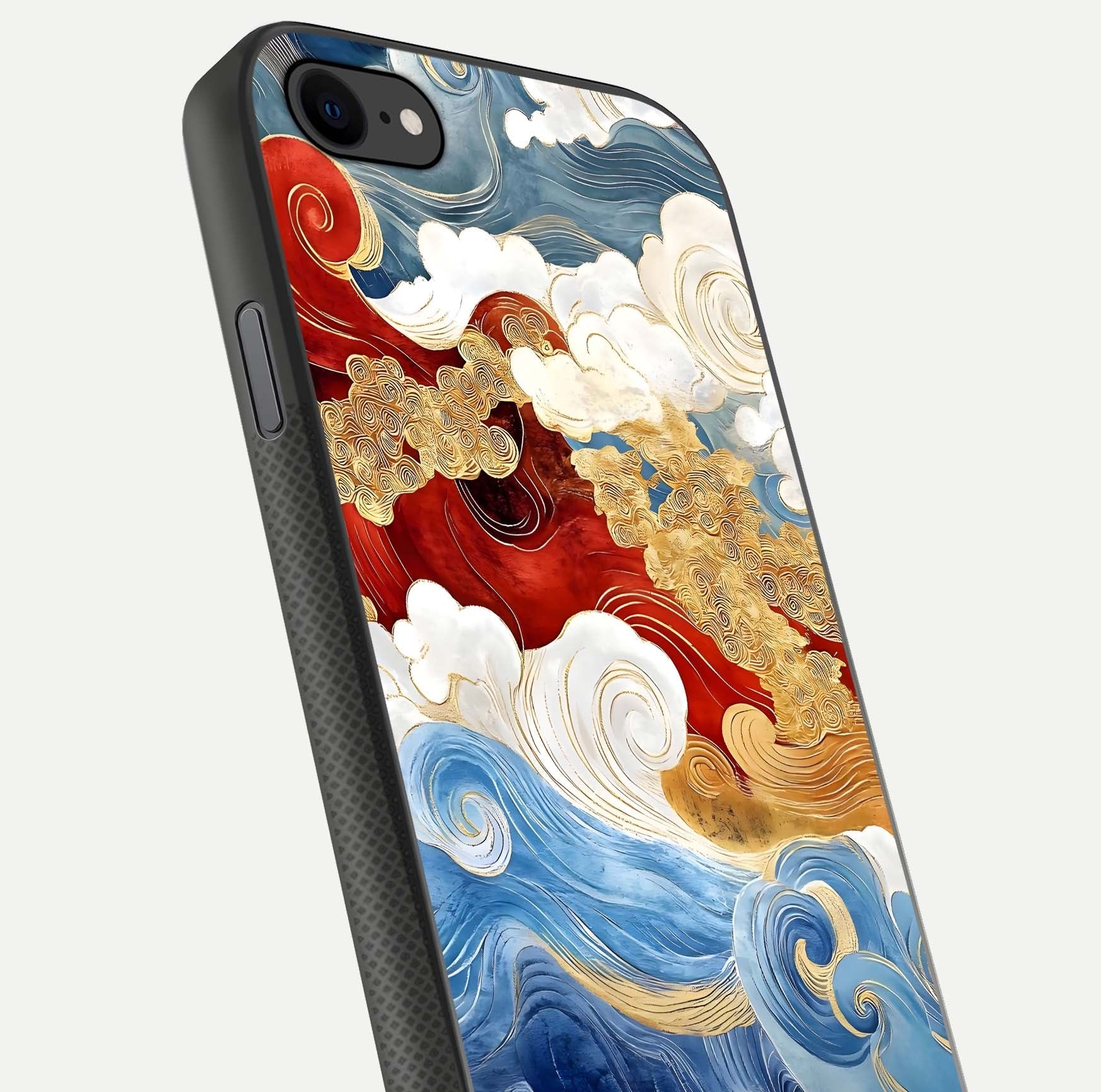 Colored Waves Glass Case for iPhone 7 close-up angled shot highlighting gradient flow and light reflection