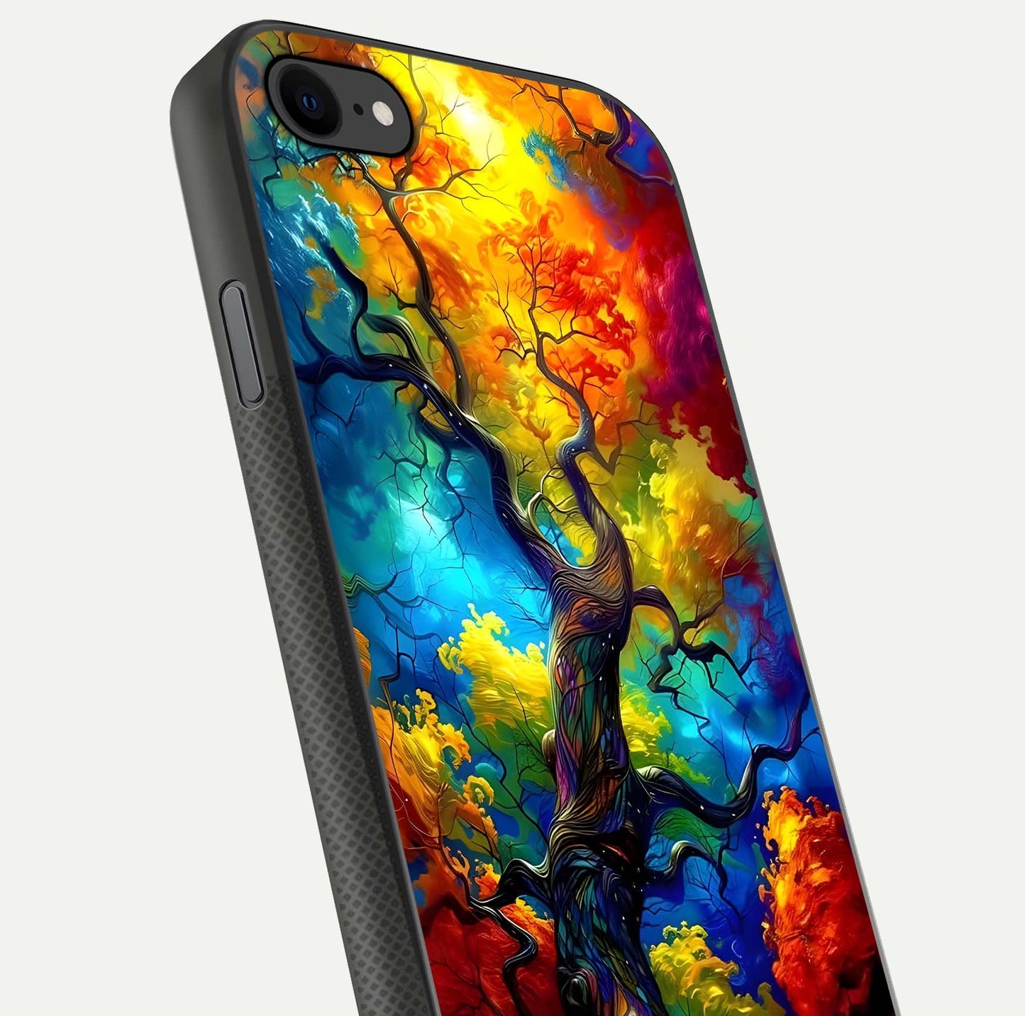 Colorful Tree Glass Case for iPhone 7 close-up highlighting leaf detail, gradient colors, and shine