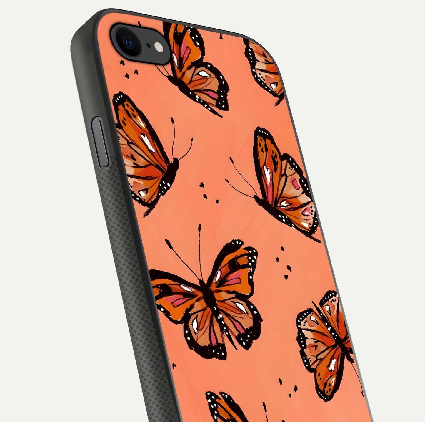 Coral Wing Butterfly Glass Case for iPhone 7 close-up highlighting wing pattern, coral tones, and reflection shine