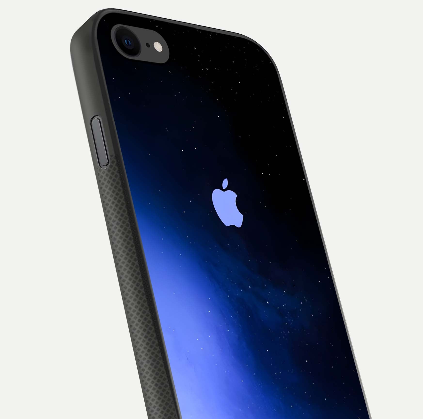 Cosmic Blue Apple Glass Case for iPhone 7 close-up highlighting galaxy pattern, shine, and reflection detail