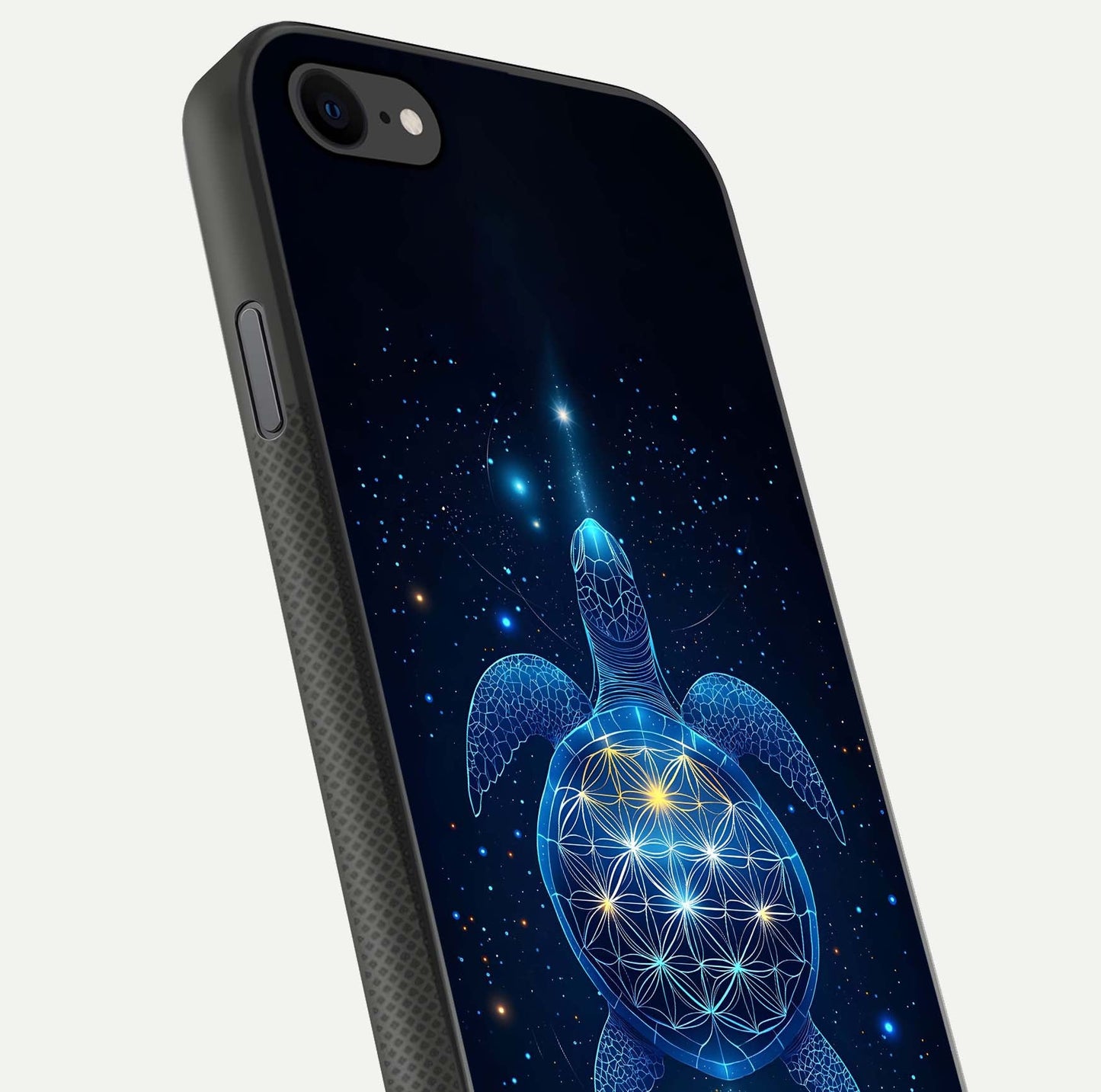 Crimson Blue Turtle Glass Case for iPhone 7 close-up highlighting turtle shell detail and shine reflection