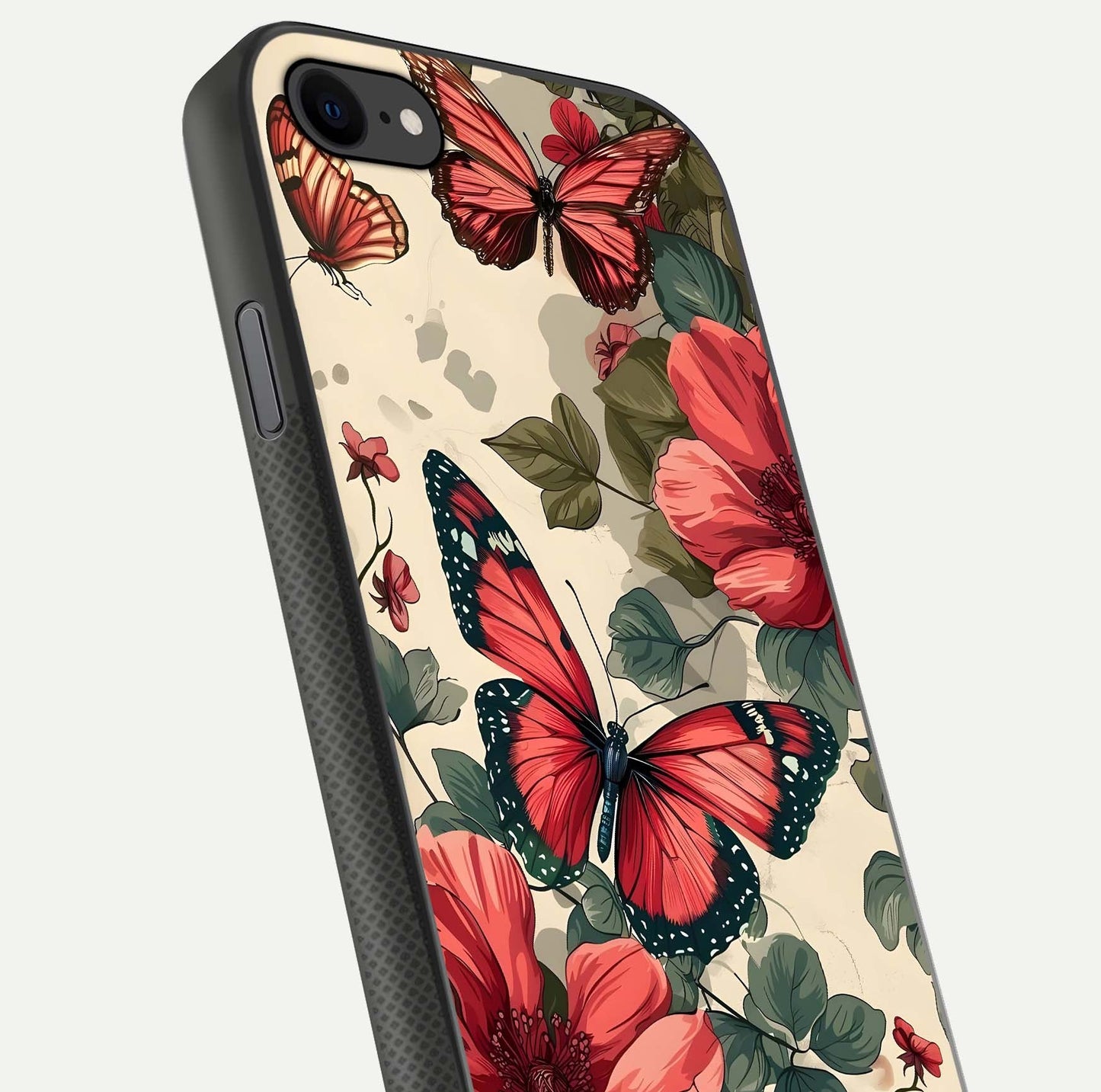 Crimson Butterfly Garden Glass Case for iPhone 7 close-up showing wing detail and reflection shine