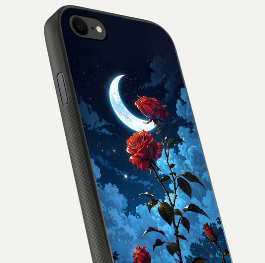 Crimson Rose Moon Glass Case for iPhone 7 close-up showing rose detail and reflection highlight