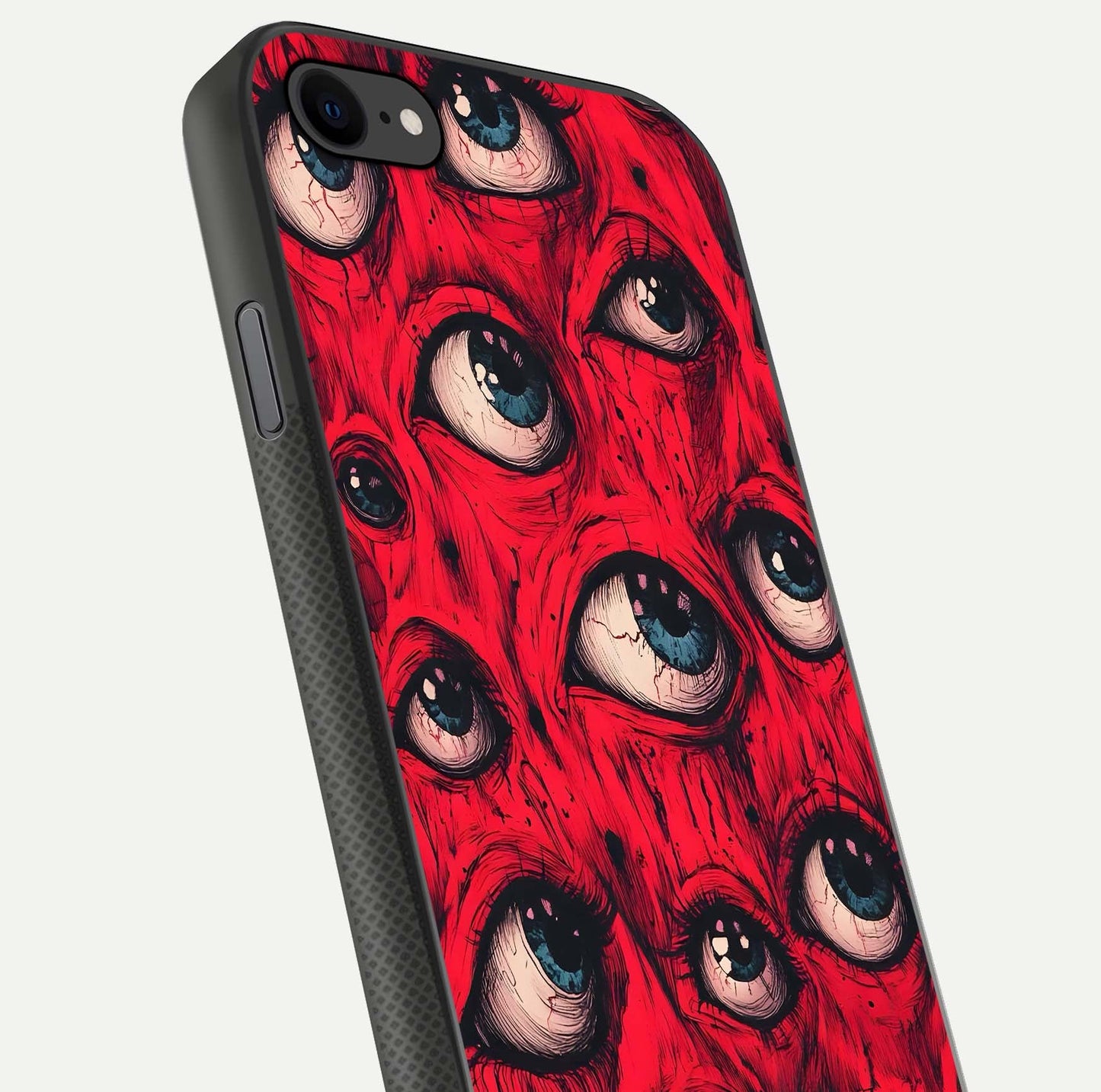 Crimson Watch Eyes Glass Case for iPhone 7 close-up highlighting graphic detail and reflection