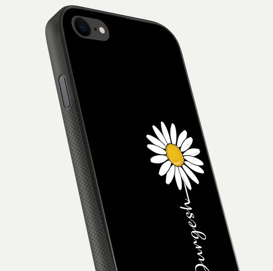 Custom Name White Flower Glass Case for iPhone 7 close-up highlighting petals, name print, and reflection polish