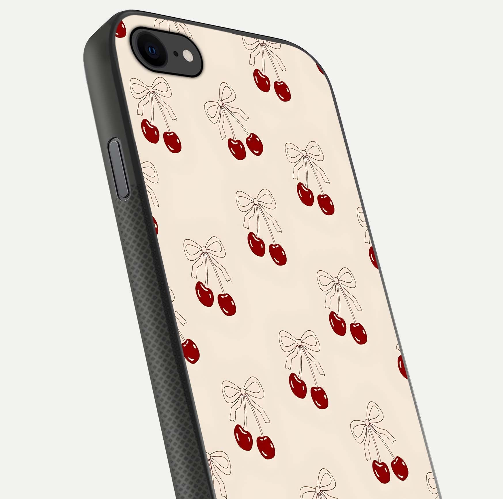 Cute Cherry Pattern Glass Case for iPhone 7 close-up showing cherry cluster details and light reflection