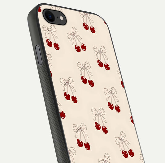 Cute Cherry Pattern Glass Case for iPhone 7 close-up showing cherry cluster details and light reflection