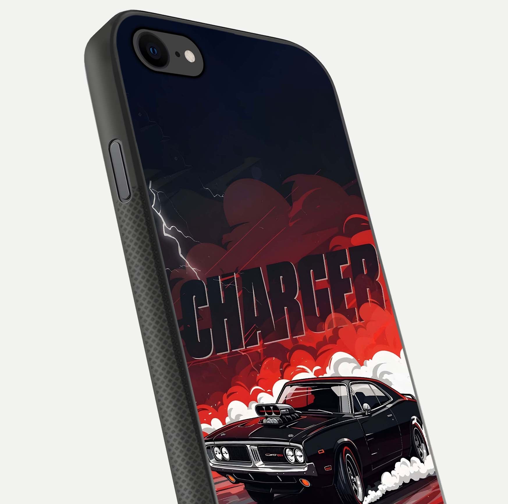 Dark Charger Fury Glass Case for iPhone 7 close-up highlighting car reflection and light gloss