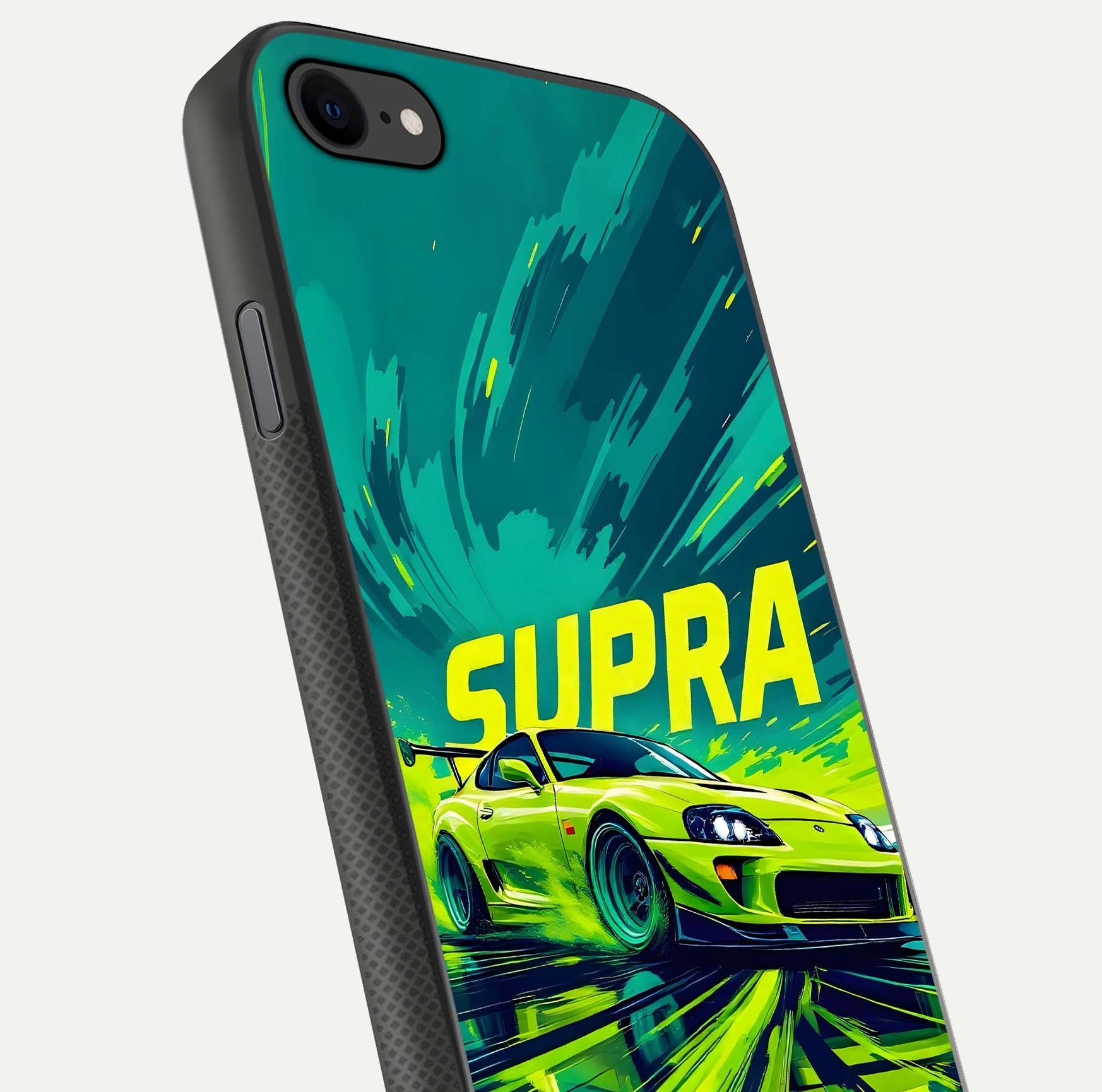Electric Supra Thunder Glass Case for iPhone 7 close-up highlighting car reflection, neon tones, and gloss polish
