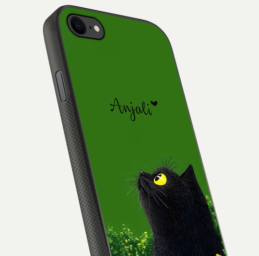 Emerald Cat Custom Name Glass Case for iPhone 7 close-up highlighting feline detail, emerald hues, and reflection polish