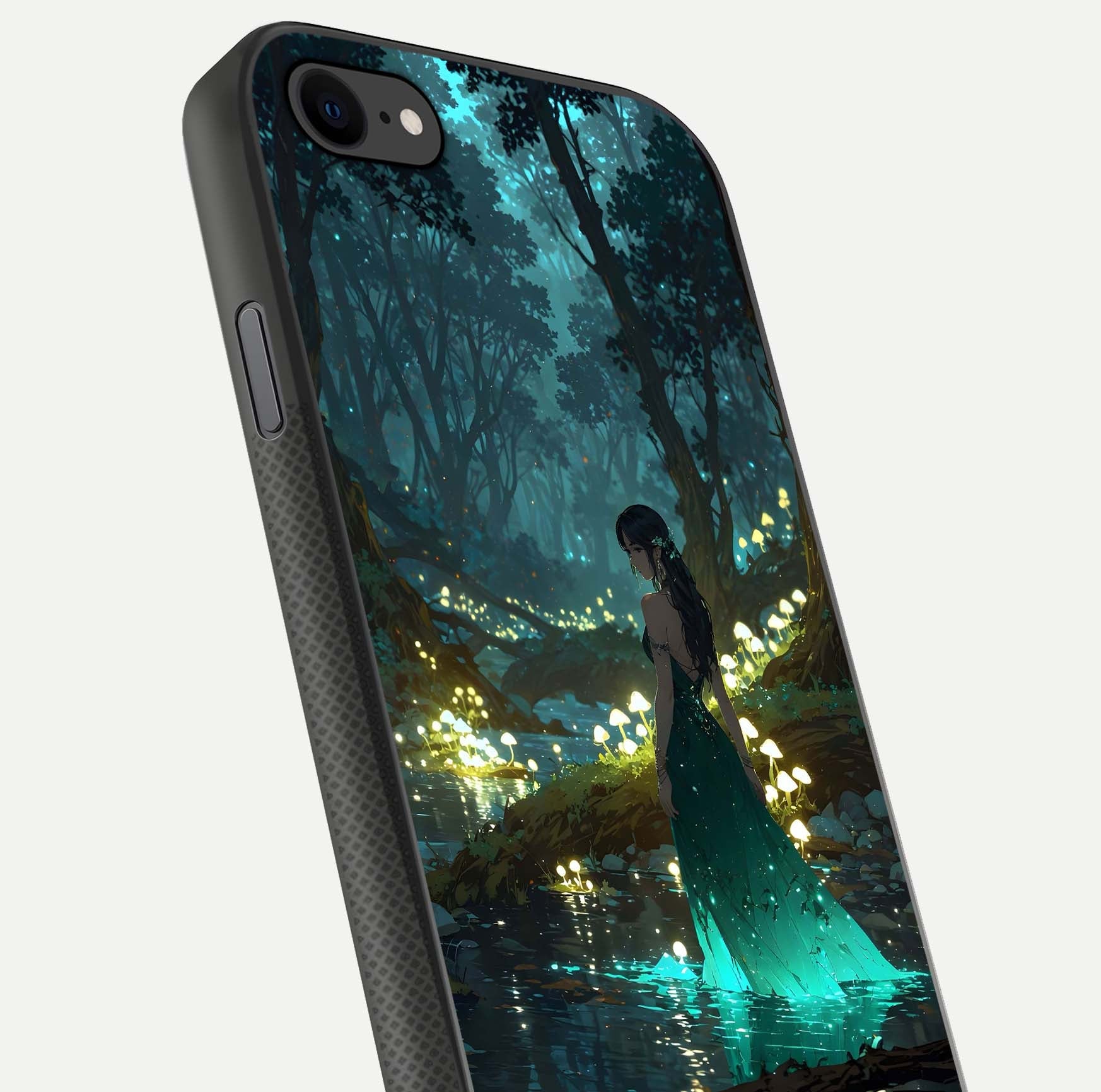 Enchanted Forest Glow Glass Case for iPhone 7 close-up highlighting trees, lights, and reflection texture