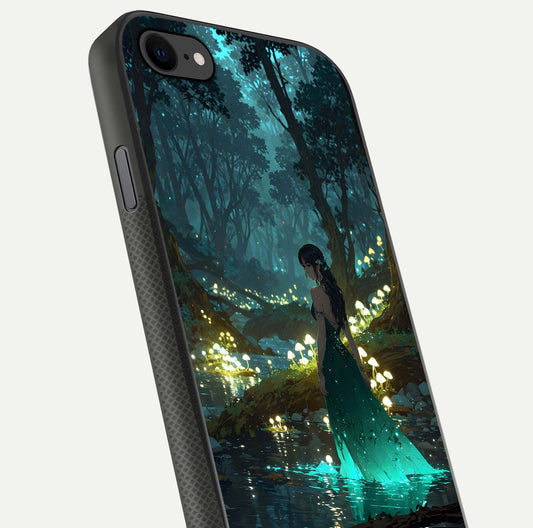 Enchanted Forest Glow Glass Case for iPhone 7 close-up highlighting trees, lights, and reflection texture