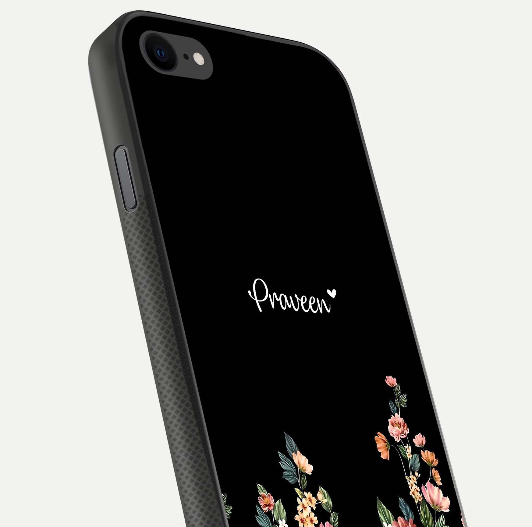 Floral Design Personalized Custom Name Glass Case for iPhone 7 close-up highlighting name clarity, petals, and gloss