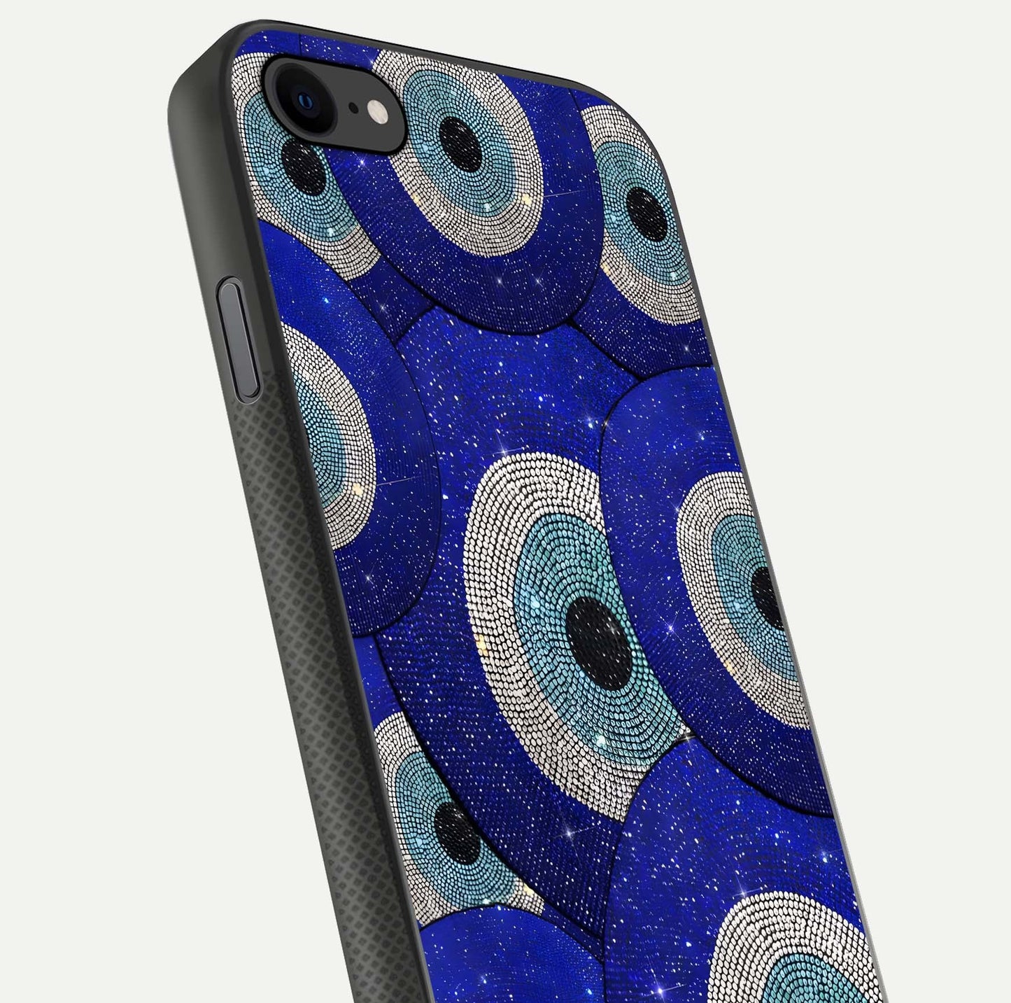 Galaxy Eye Flow Glass Case for iPhone 7 close-up angled shot showing vivid swirl detail and reflection brightness