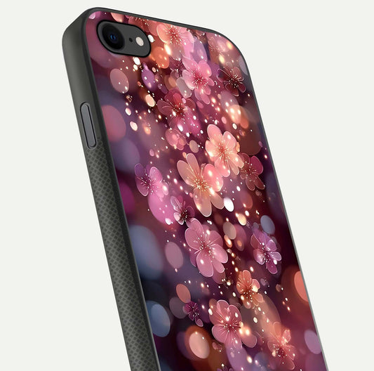 Glowing Petal Bliss Glass Case for iPhone 7 close-up angled shot showing petal glow, color depth, and reflection shine