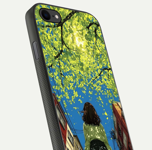 Golden Leaves Glow Glass Case for iPhone 7 close-up angled shot showing fine leaf texture and reflection shine