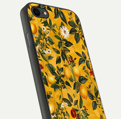Golden Lemon Field Glass Case for iPhone 7 close-up angled shot showing citrus texture and reflection brilliance