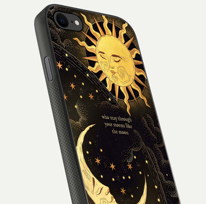 Golden Lunar Love Glass Case for iPhone 7 close-up angled shot showing moon glow, texture, and reflection polish