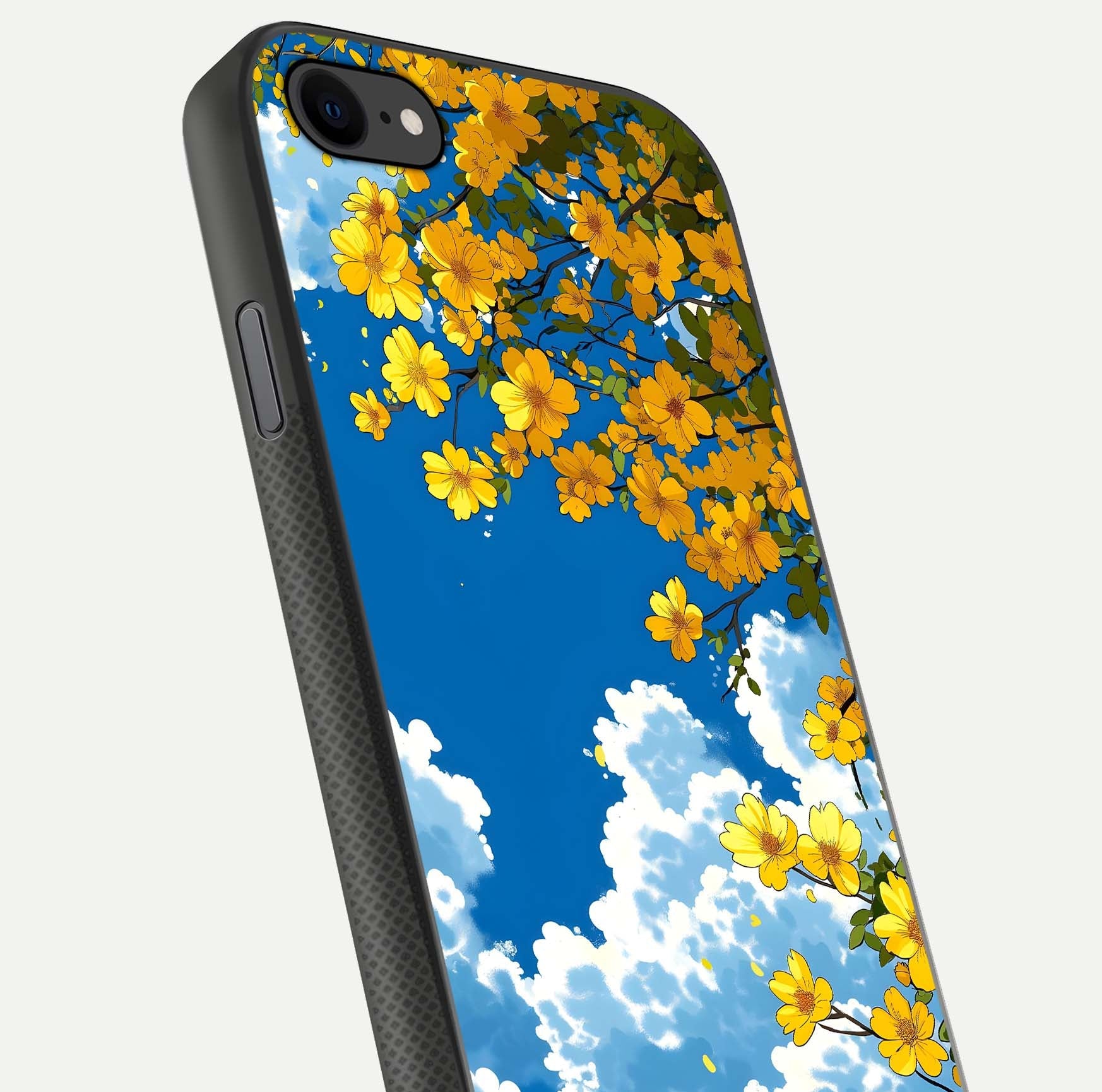 Golden Petal Sky Glass Case for iPhone 7 close-up angled shot showing petal texture and shine reflection