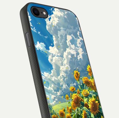 Golden Sun Glory Glass Case for iPhone 7 close-up angled shot showing sunlight reflection and gold detailing
