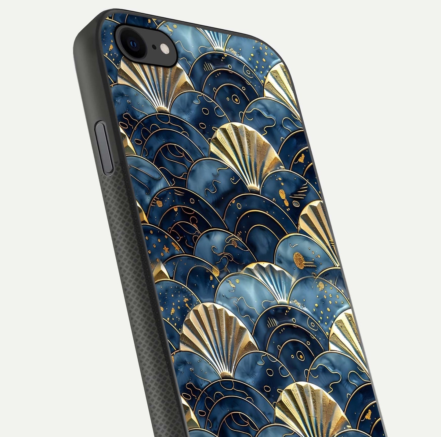 Golden Wave Luxe Glass Case for iPhone 7 close-up angled shot showing flowing wave texture and reflection brightness