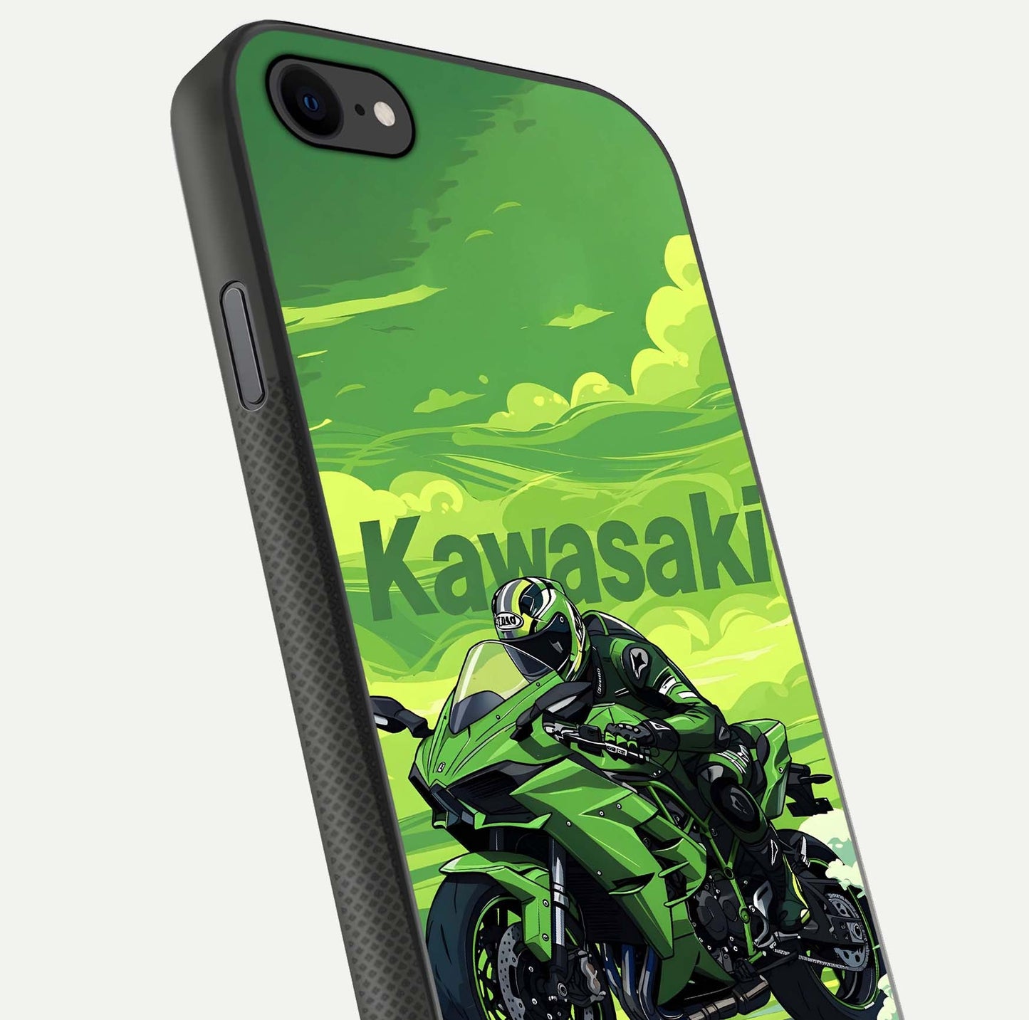 Green Kawasaki Glass Case for iPhone 7 close-up angled shot showing sporty line details and reflection shine