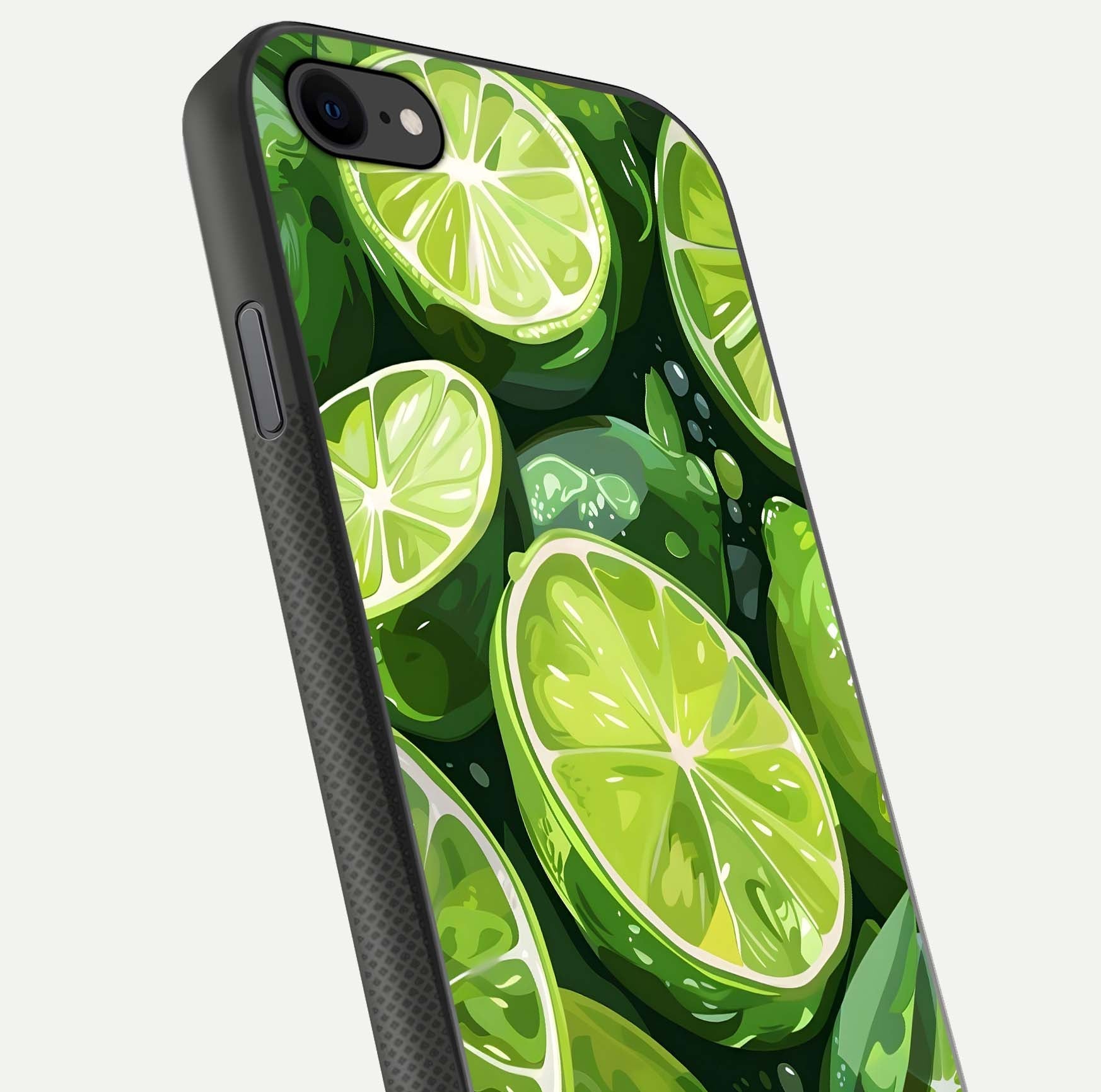 Green Lemon Glass Case for iPhone 7 close-up angled shot showing lemon slice texture and reflection brightness
