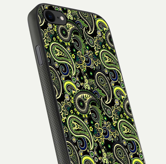 Green Mandala Pattern Glass Case for iPhone 7 close-up angled shot showing fine detailing and gold-green reflection