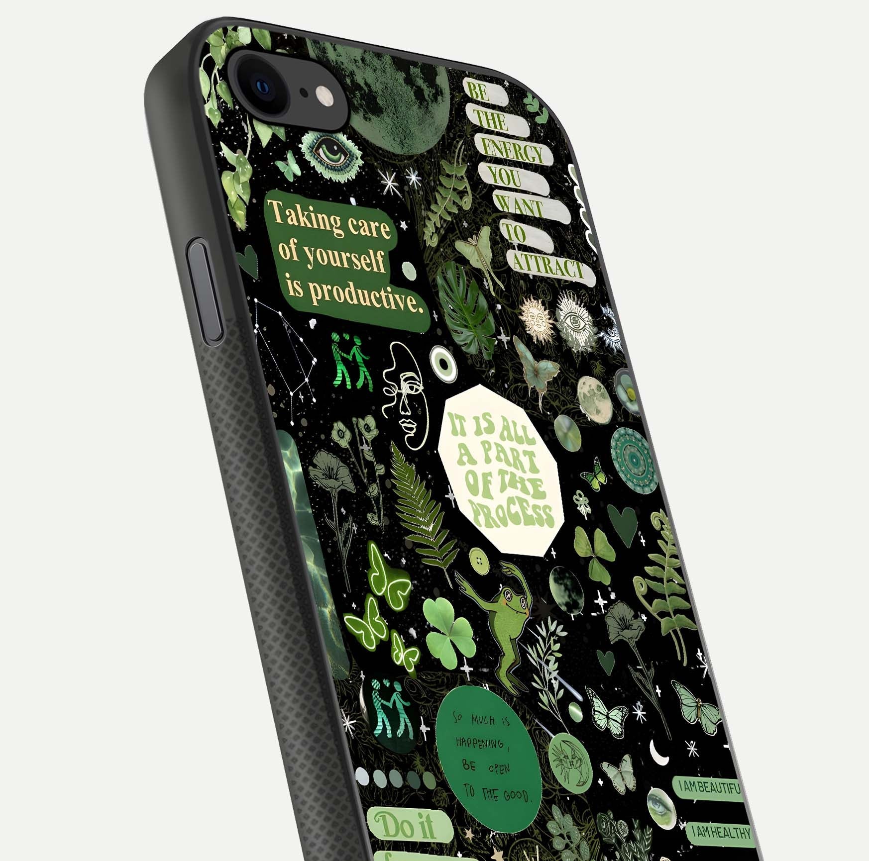 Green Moon Energy Glass Case for iPhone 7 close-up angled shot showing glowing lunar detail and reflection shine