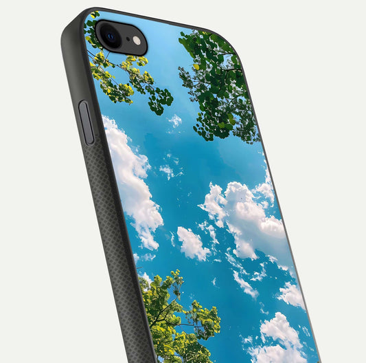 Greenery Sky Glass Case for iPhone 7 close-up angled shot showing leafy tones and reflection brightness