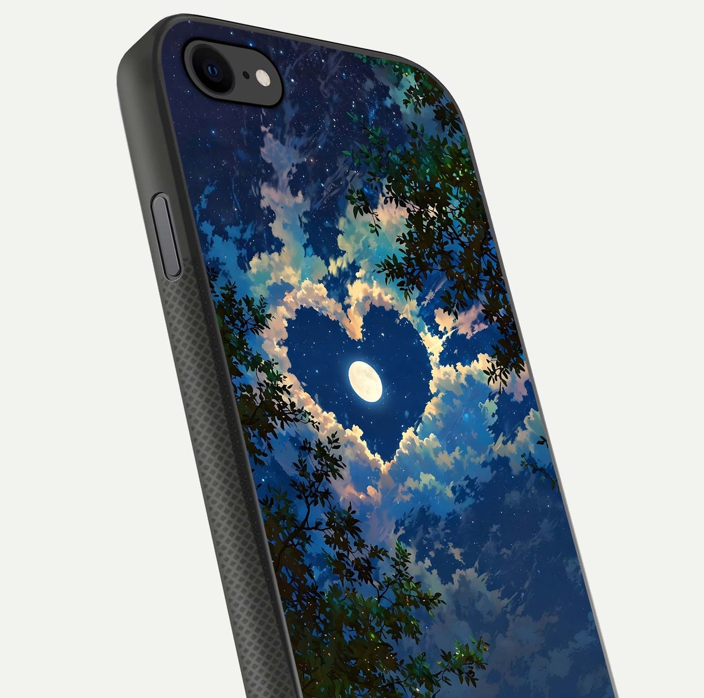 Heart with Moon Sky Glass Case for iPhone 7 close-up angled shot showing lunar reflection and shine detail