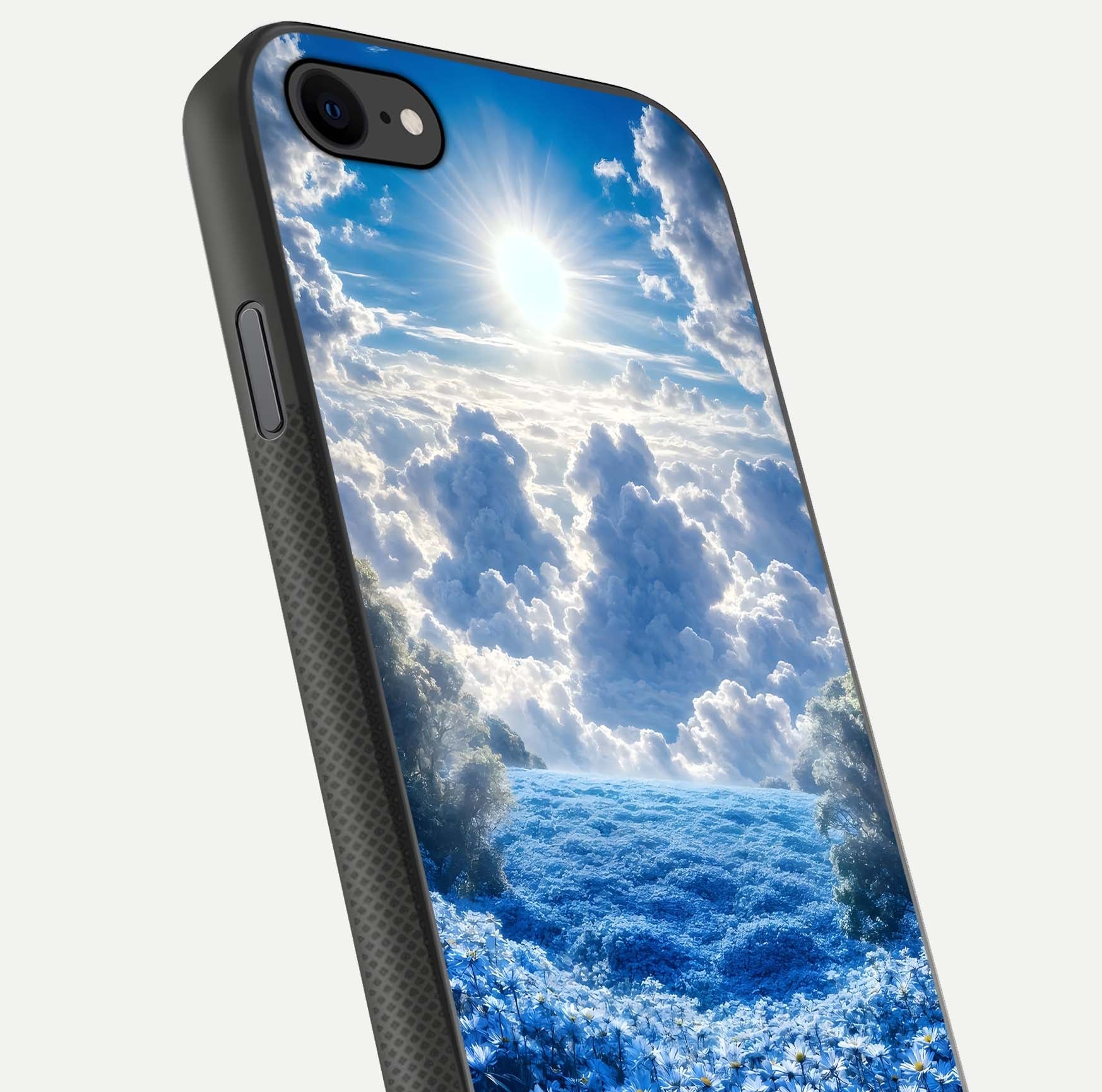 Heavenly Daisy Horizon Glass Case for iPhone 7 close-up angled shot showing daisy petal details and light reflection