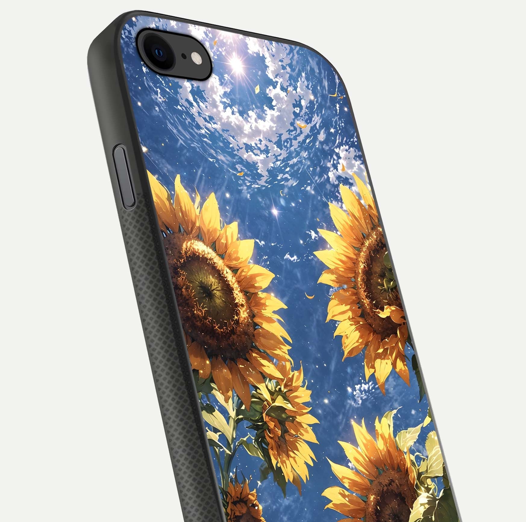 Heavenly Sunflower Rise Glass Case for iPhone 7 close-up angled shot showing sunflower texture and reflection polish