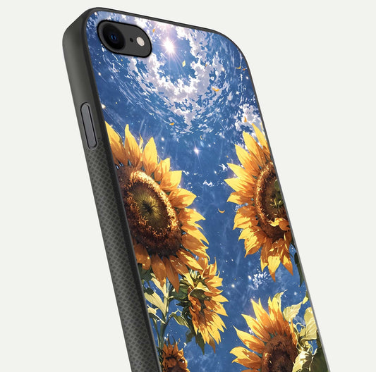 Heavenly Sunflower Rise Glass Case for iPhone 7 close-up angled shot showing sunflower texture and reflection polish