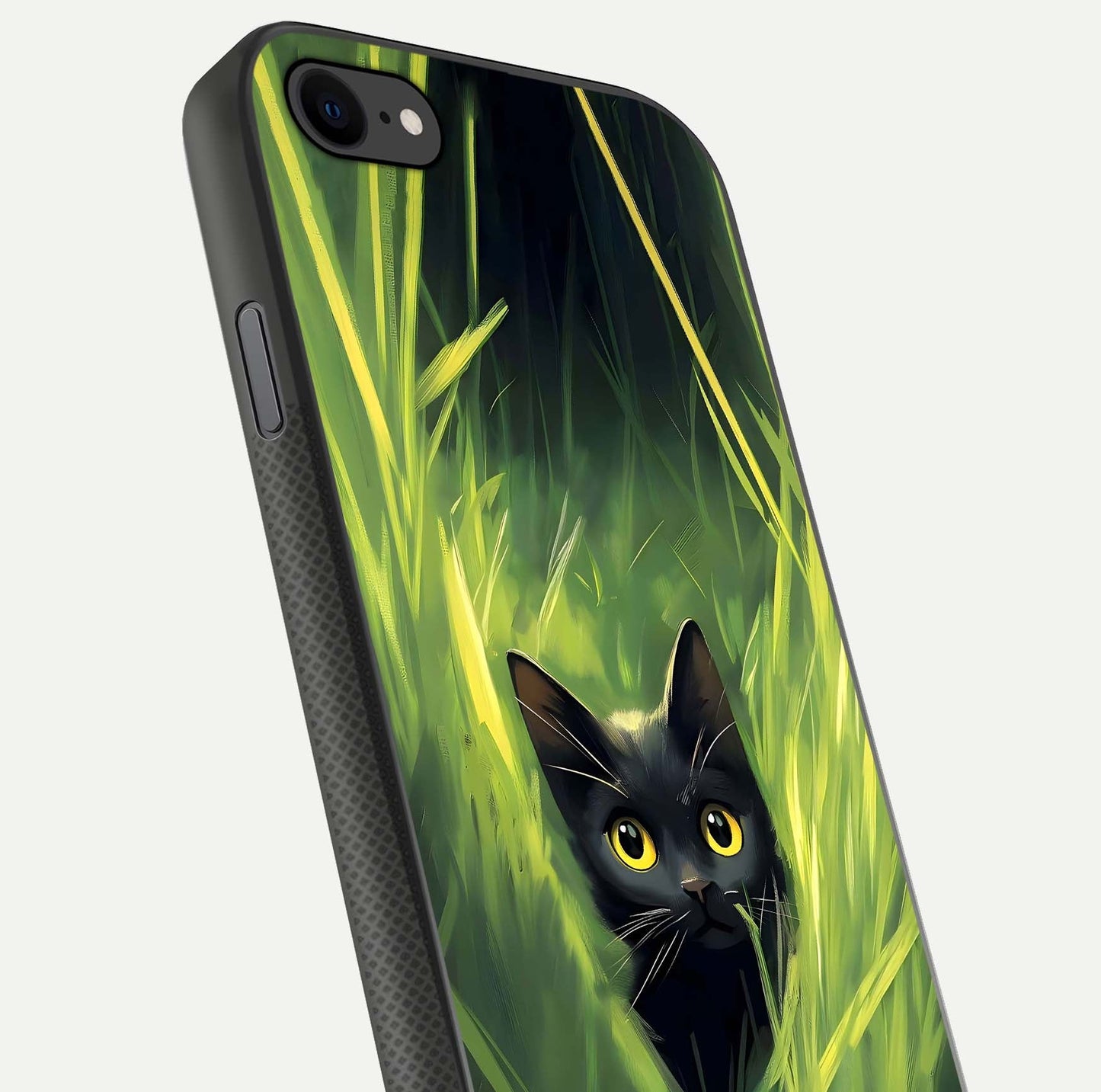 Hidden Cat Whisper Glass Case for iPhone 7 close-up angled shot showing feline details and reflection polish