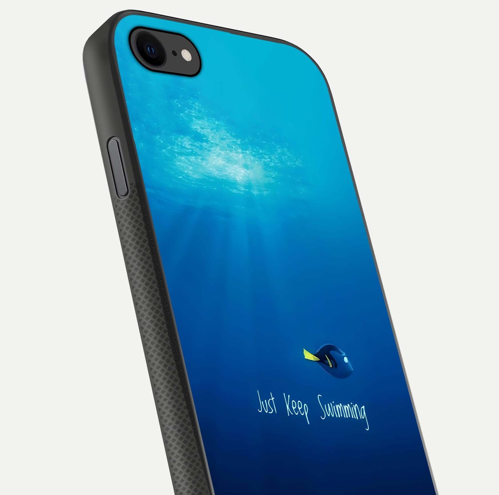 Just Keep Swimming Glass Case for iPhone 7 close-up angled shot showing elegant lettering and blue tone reflection