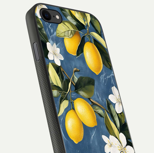 Lemon Dream Garden Glass Case for iPhone 7 close-up angled shot showing fruit details and shine reflection